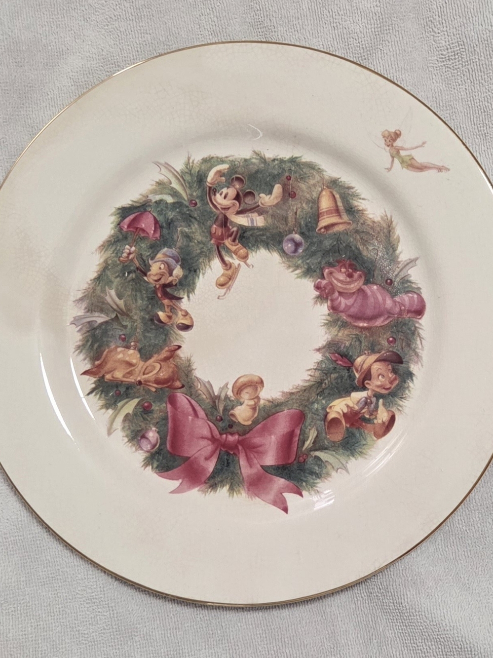 Disney Holiday Wreath Decorative Plate w/ Pink Bow, Feat. Tinkerbell